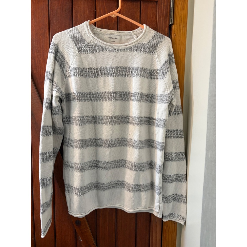 Primark Womens Large White Grey Striped Crew Neck Raglan Sleeve Knit Sweater